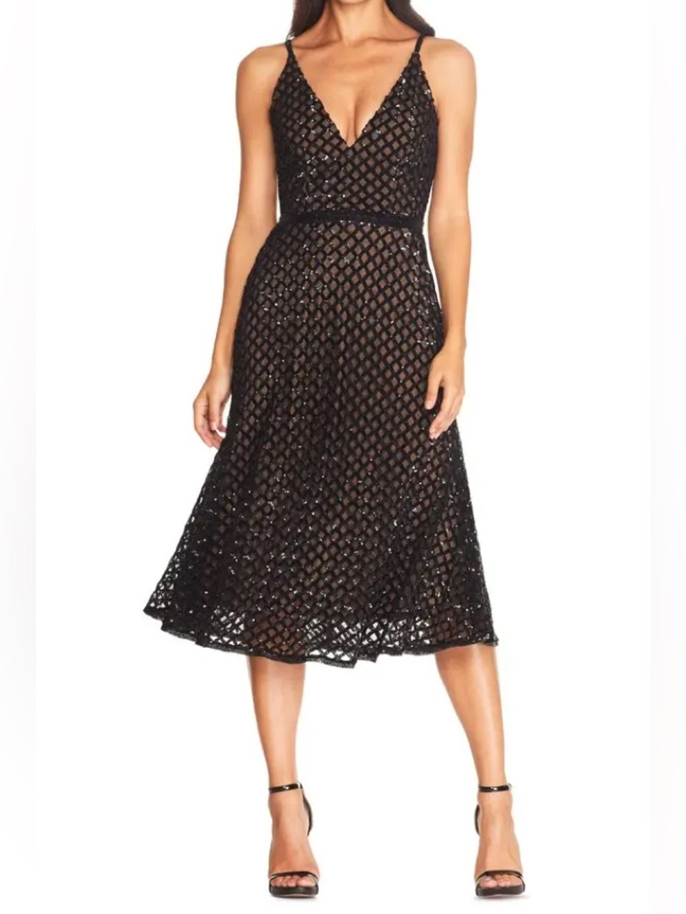 Gracie Sequin Black/Nude Overlay Midi Dress